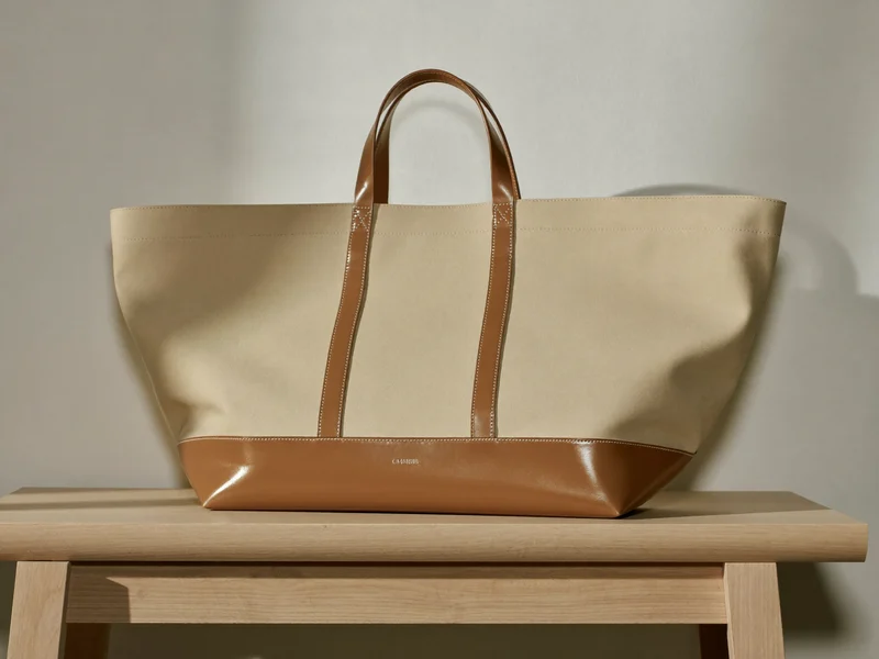 Tote in tela naturale e pelle su panca di rovere chiaro, con luce da finestra.
