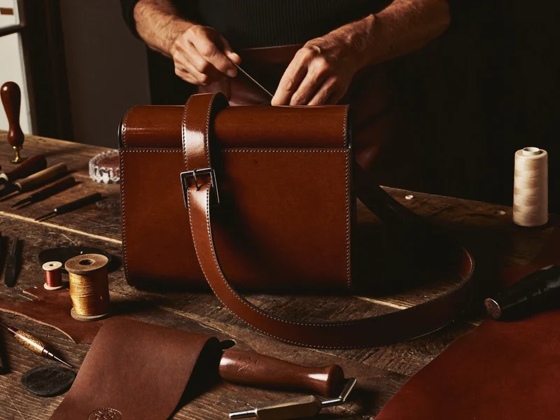 Mani al lavoro su una cinghia in pelle, su banco di legno con attrezzi.
